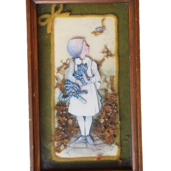 Vintage 1970's 3D wooden frame girl with a cat bird nature wall hanging collage - Picture 4 of 11